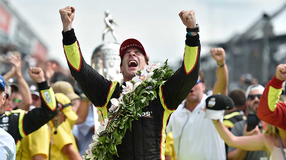 Simon Pagenaud celebrates his Indy 500 victory