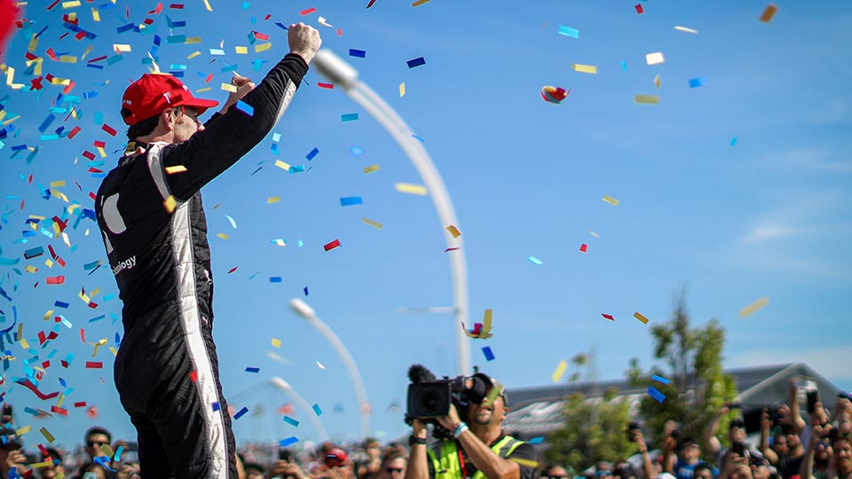 Simon Pagenaud celebrates his win at the Honda Indy Toronto
