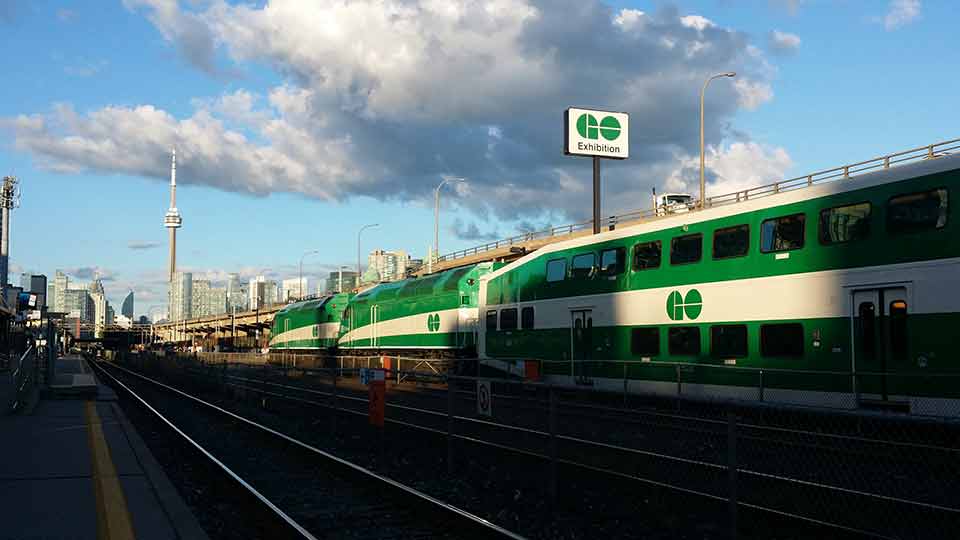 GO train arriving at the Exhibition stop